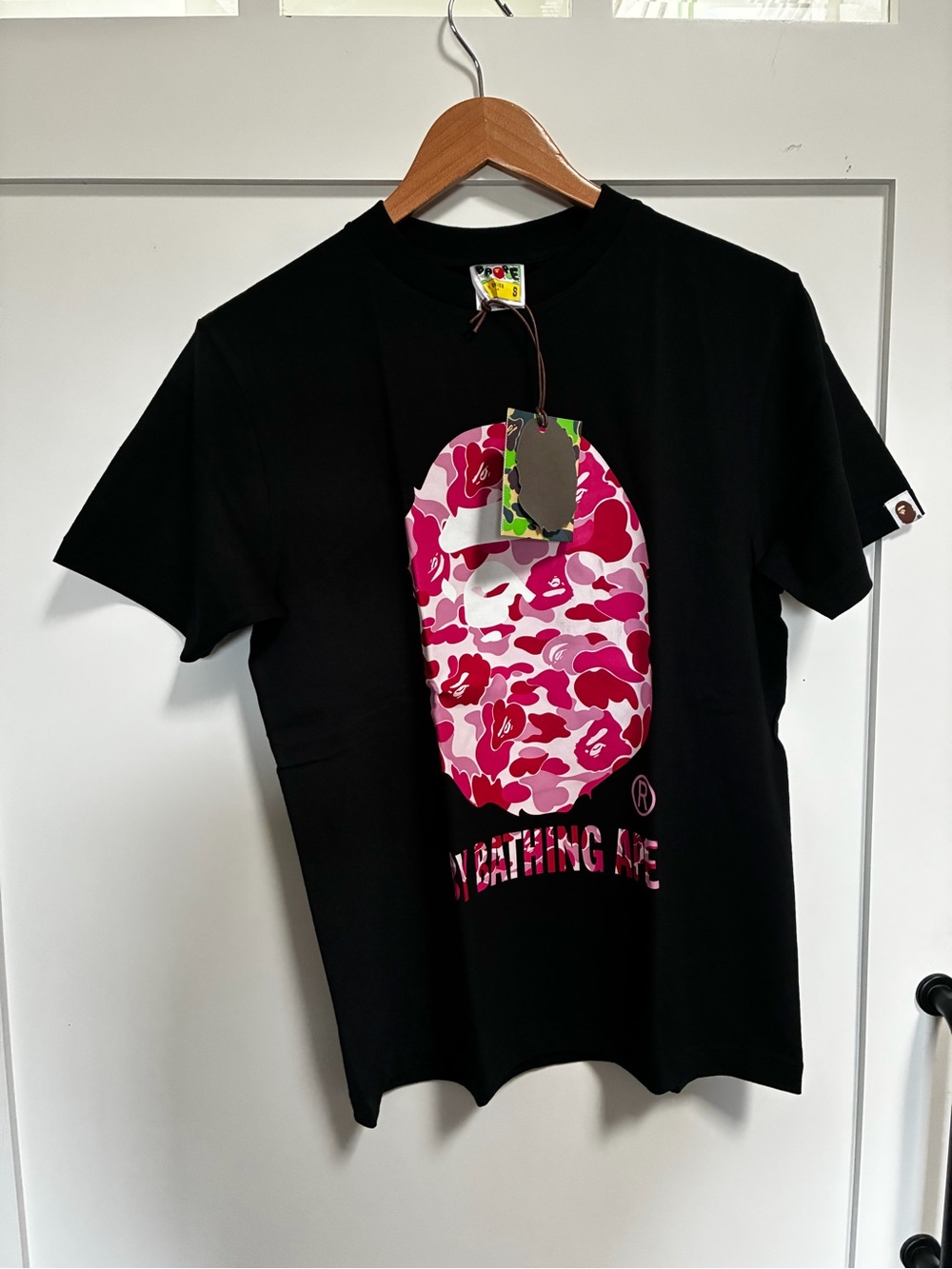 Bape Black Tee with Pink Camo Ape Head Graphic